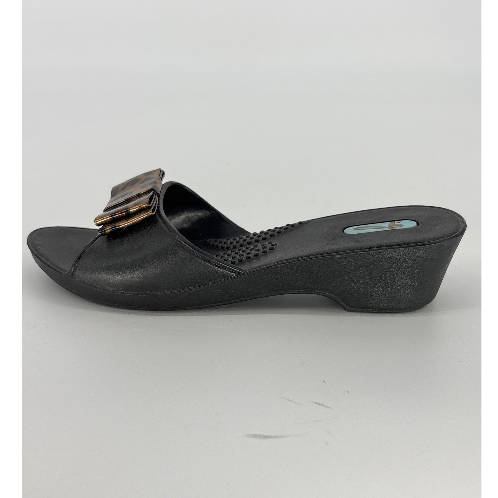 Oka-B Leopard Bow Wedge Sandals Womens 6 Black Slides Shoes Made in USA