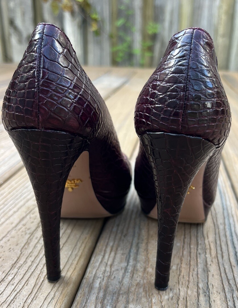 Prada Red Textured Leather Platform Semi Pointed Toe Slim Heel Pumps size 38