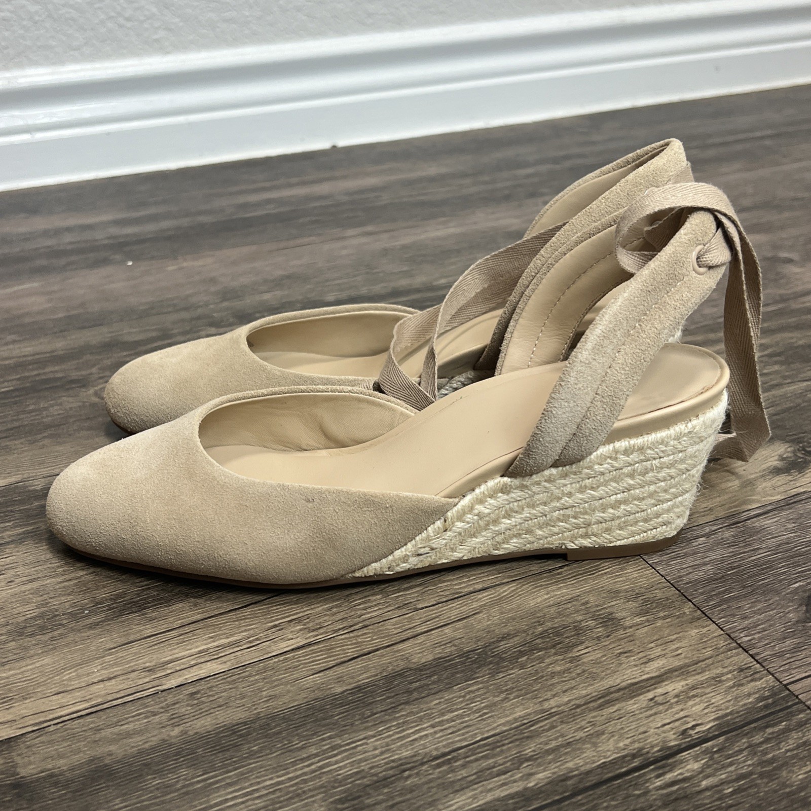 Abeo Veranda Women’s Tan Leather Espadrille Wedge Heels Lace Up Shoes Size 8.5