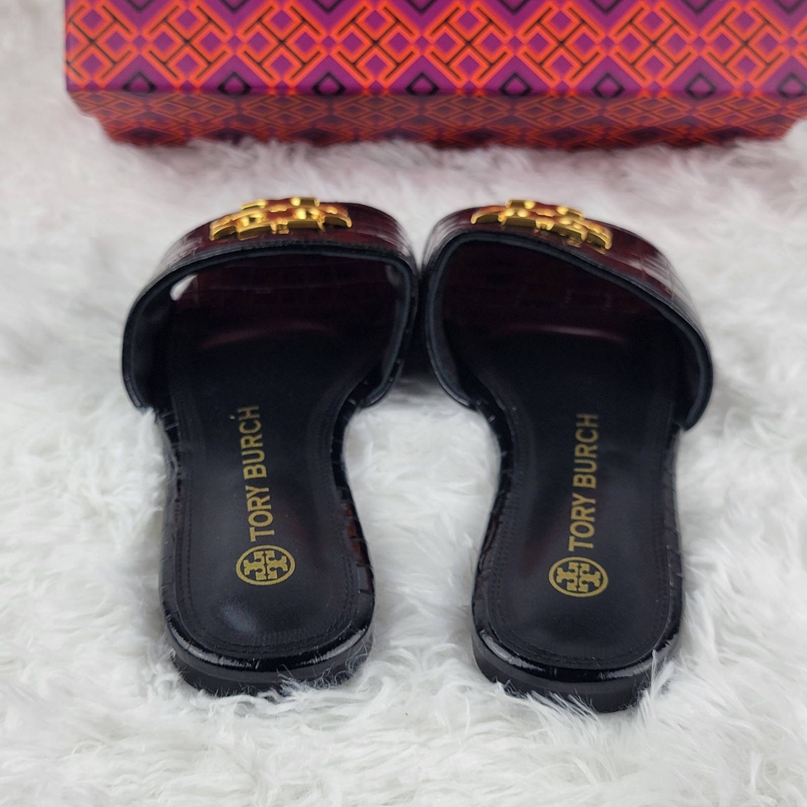 Tory Burch Eleanor Size 8 39 Sandals Black Leather Croc Gold Logo Slides New Box