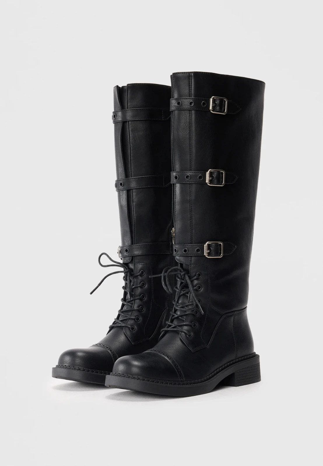 Buckle Long Boots – Tall Leather Lace-Up Riding Style Footwear