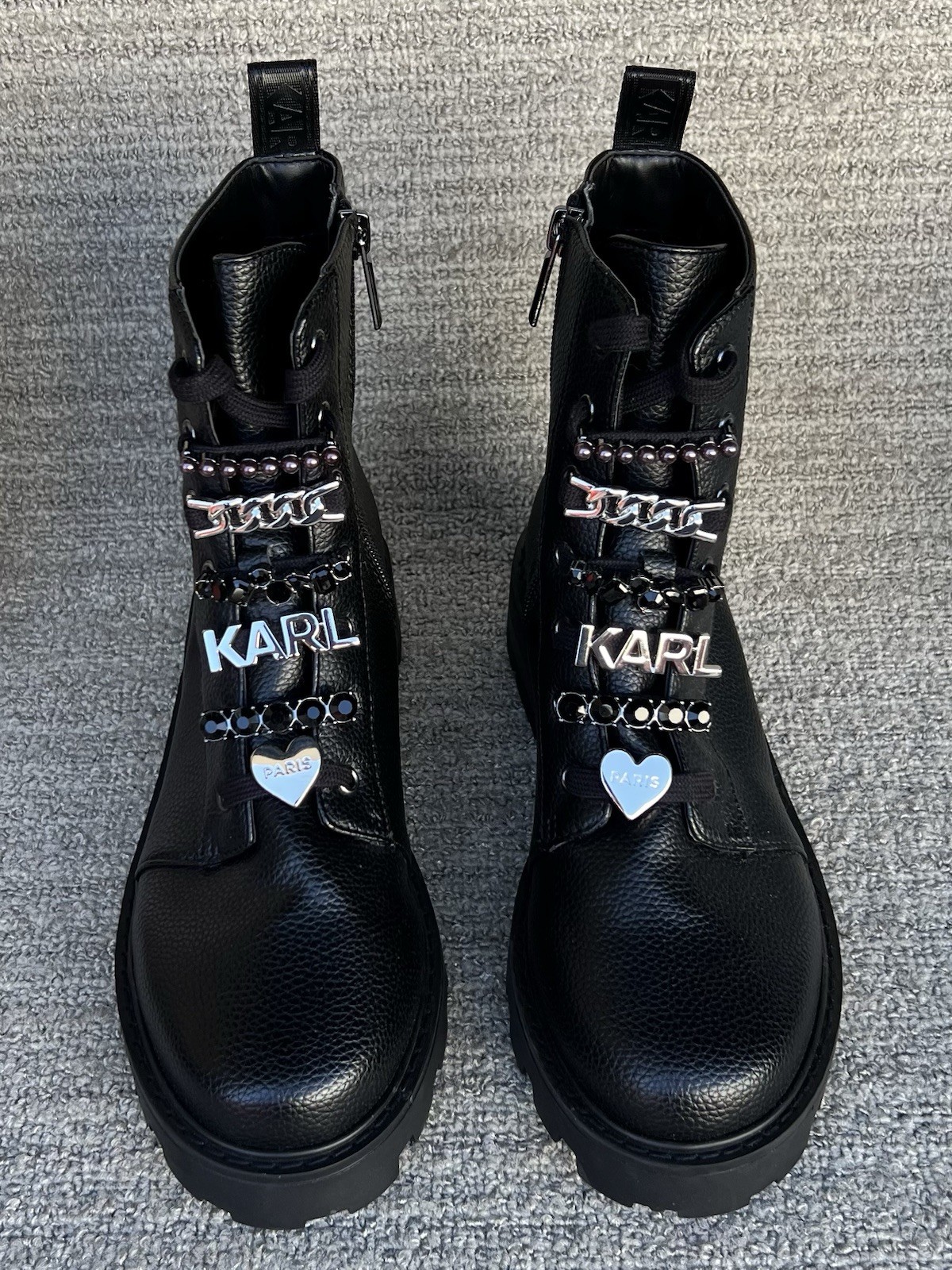 KARL LAGERFELD PARIS Mela Embellished Combat Booties Women’s Size 7.5 US