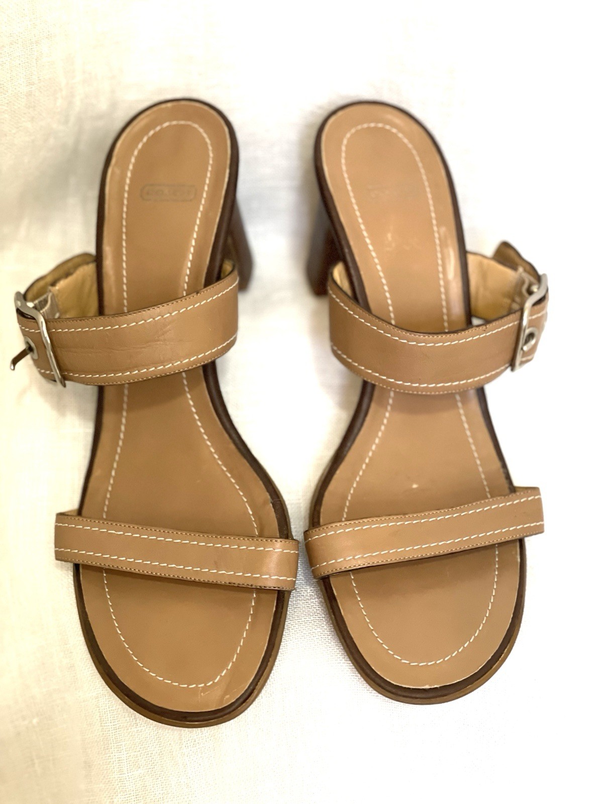 Coach Café Au Lait Nicki Leather 2 Straps, 3in Heel Women’s Sandals, Italy Sz 6B