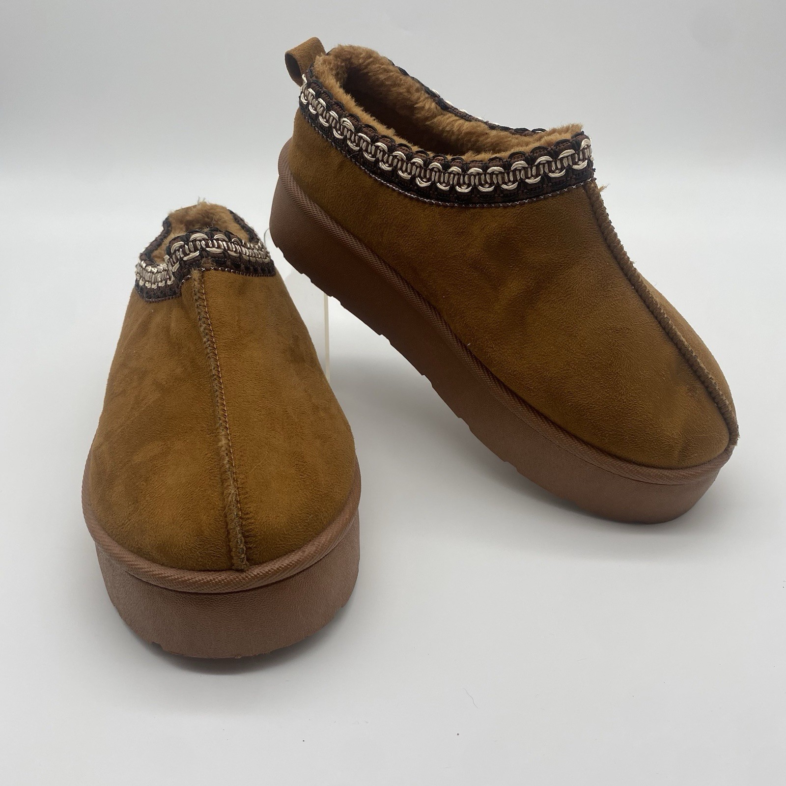 Halston Womens Slip-On Mules Cognac Faux Suede Size 7 Warm Winter Platform Slip