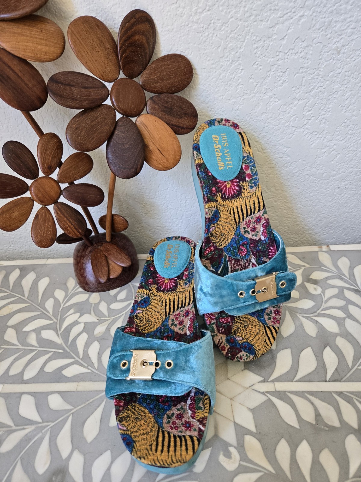 Rare Dr. Scholls Iris Apfel Original Too Slide Sandals Tiger Velvet New Sz 7 M
