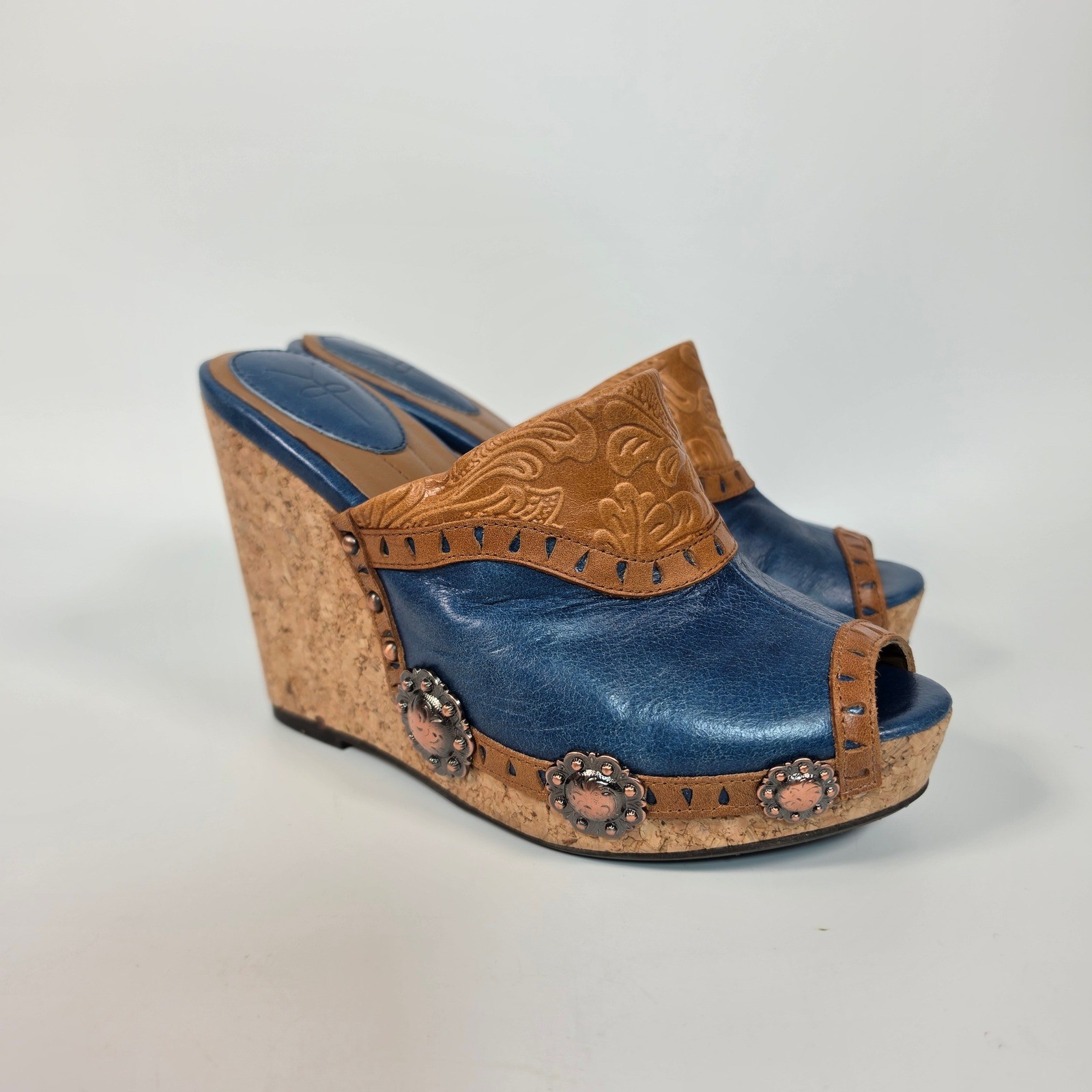 Y2K Saddle Up Wedge Mule Sandals Women’s 6 Blue Cork Western Concho