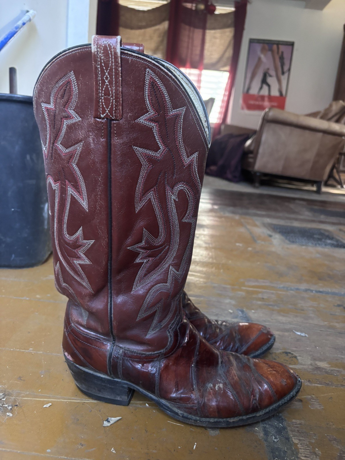 Vintage Tony Lama Eel Skin Western Boots Mens 11 D Red Burgundy Cowboy