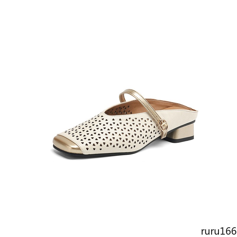 Womens Vintage Mary Jane Mules Square Toe buckle strap Cut Out Flats Daily Shoes