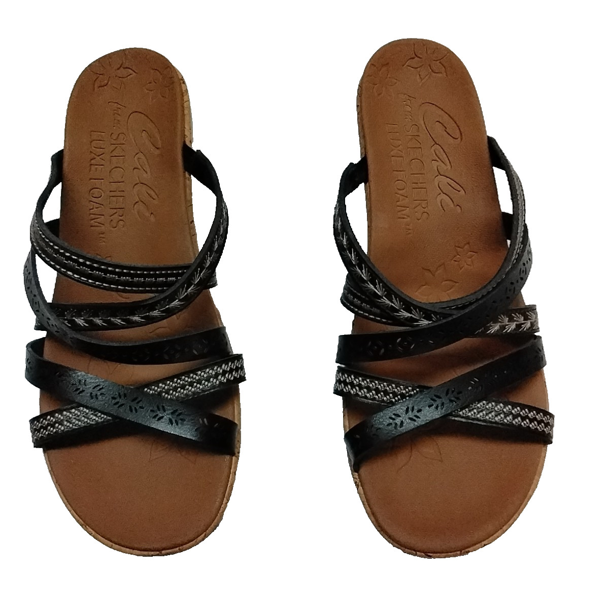 Women’s 10 M CALI From SKECHERS Black Strappy Sandals Luxe Foam Cork Wedge 31714