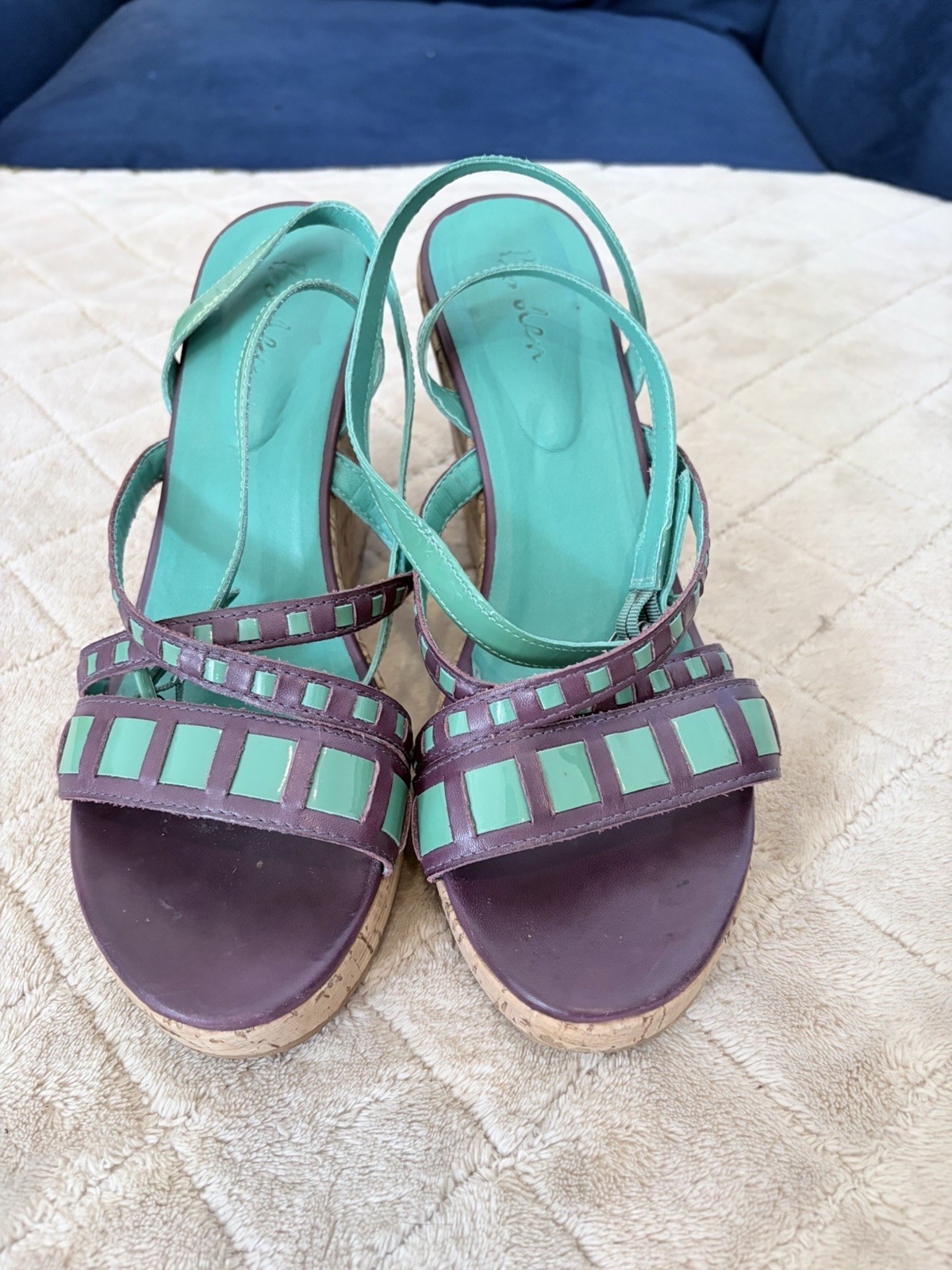 Boden Purple Green Platform Wedge Sandals Size 8.5 Women’s Ankle Strap Open Toe