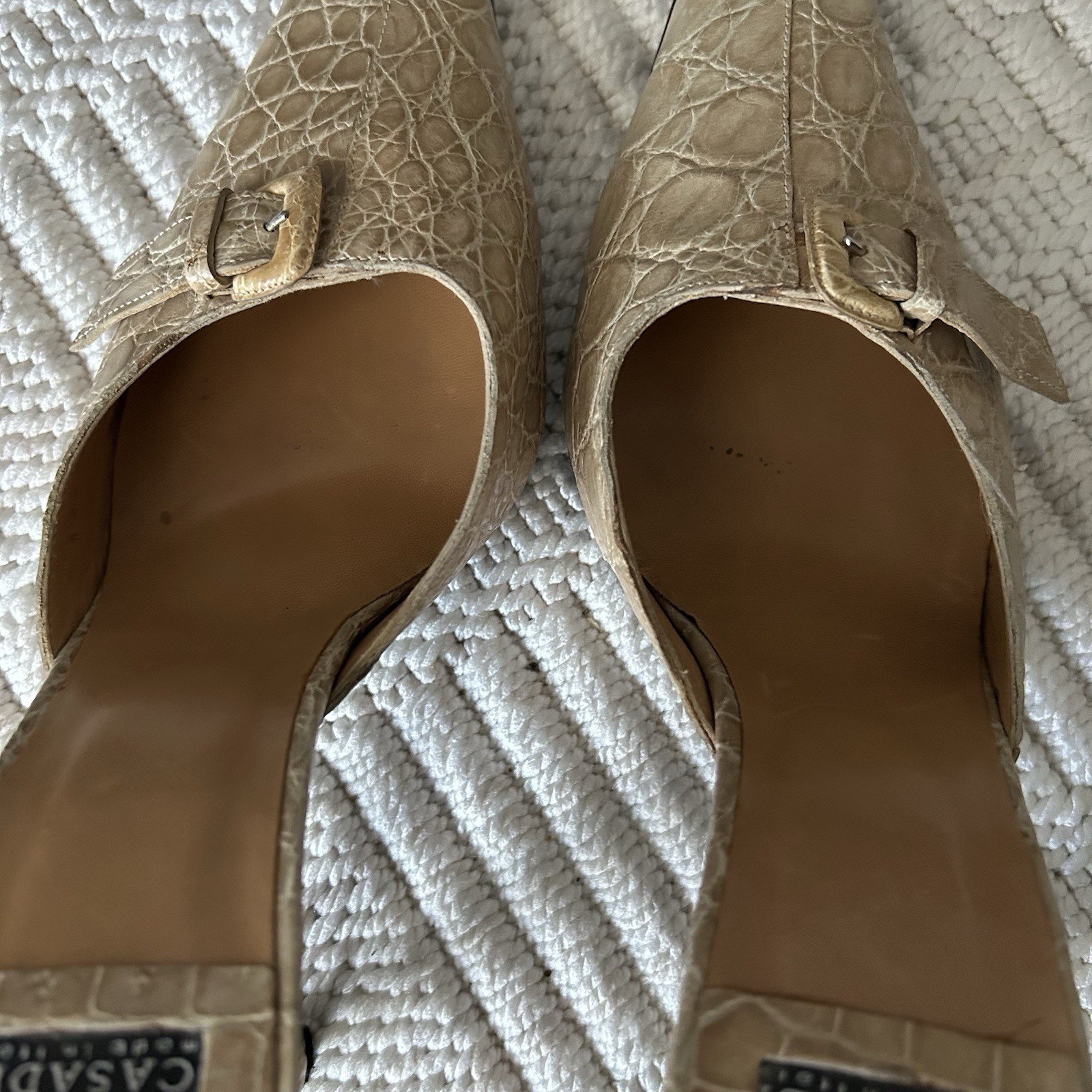 Casadei Beige Leather Croc Embossed Square Toe Buckle Mule Heels Size 8