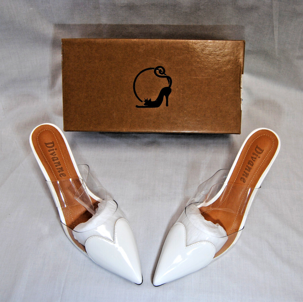 Divanne Womens Heart Heeled Mules Pointed Toe Clear Strap Pumps High Heels T2344