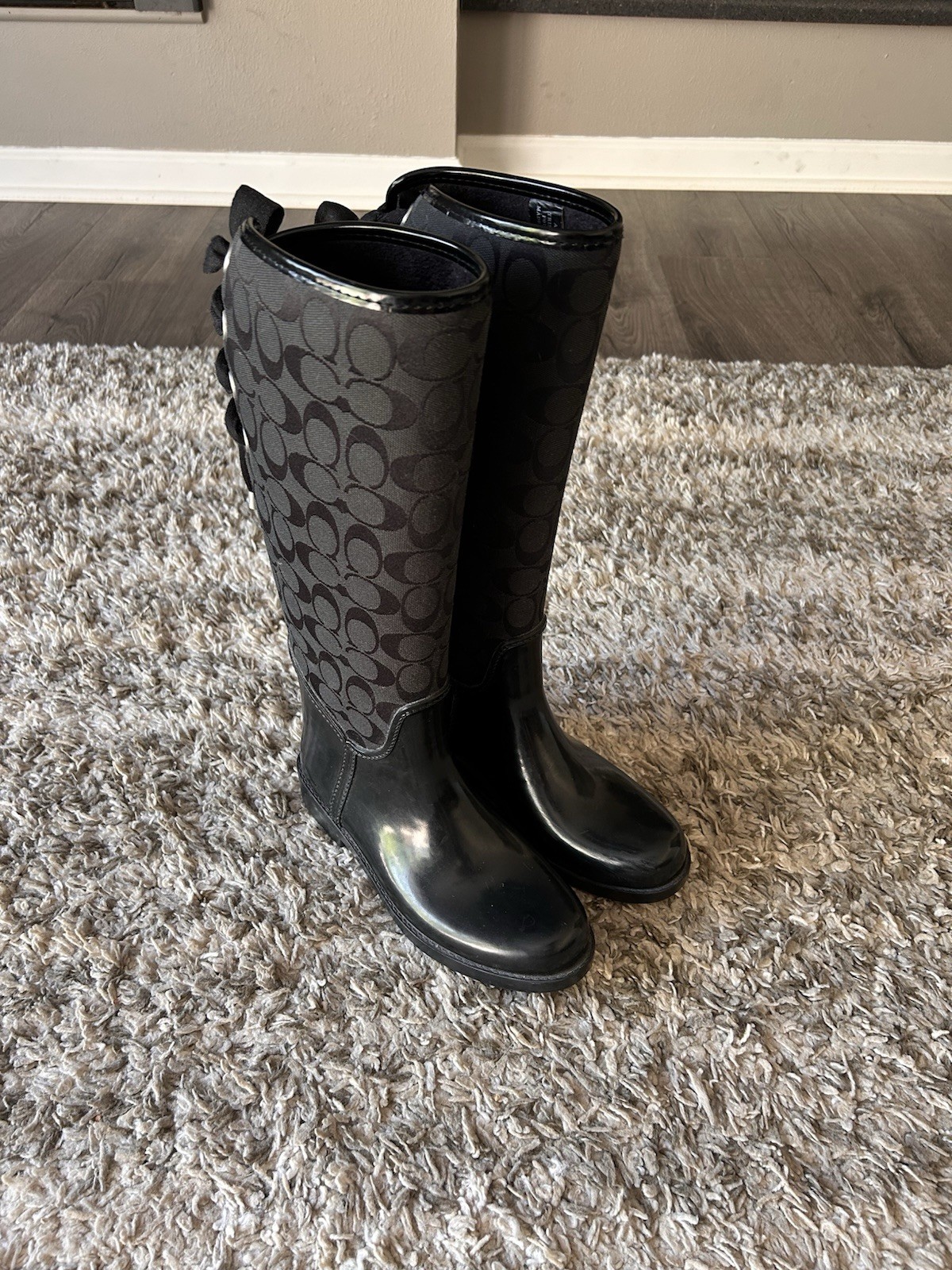 Women’s COACH Tristee Lace-Up Corset Signature Logo Rain Boots Black Size 7B