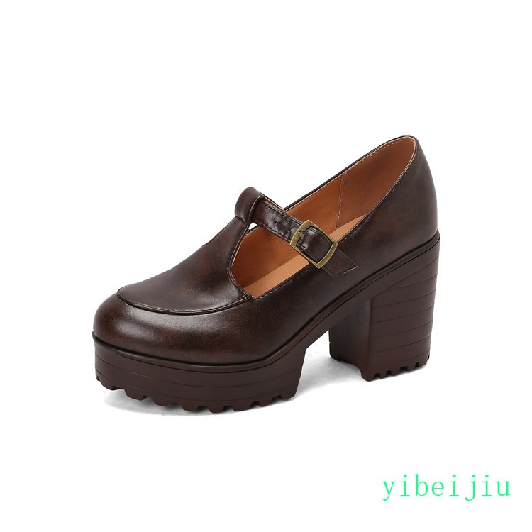 Women’s Mary Janes Leather Shoes High Thick Heel Platform T Strap Retro Vintage