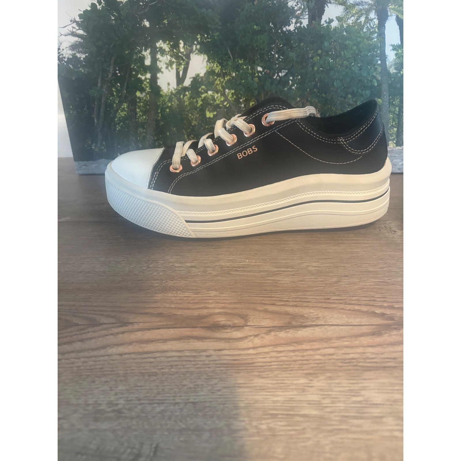 Skechers BOBS B Cute Black Platform Sneakers Rose Gold Eyelets Memory Foam