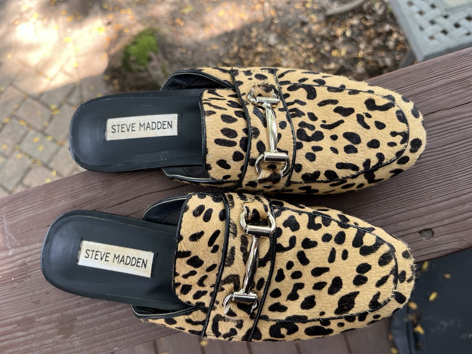 STEVE MADDEN Tan Black Horsebit Leopard Cow Hair Mule SZ 7.5
