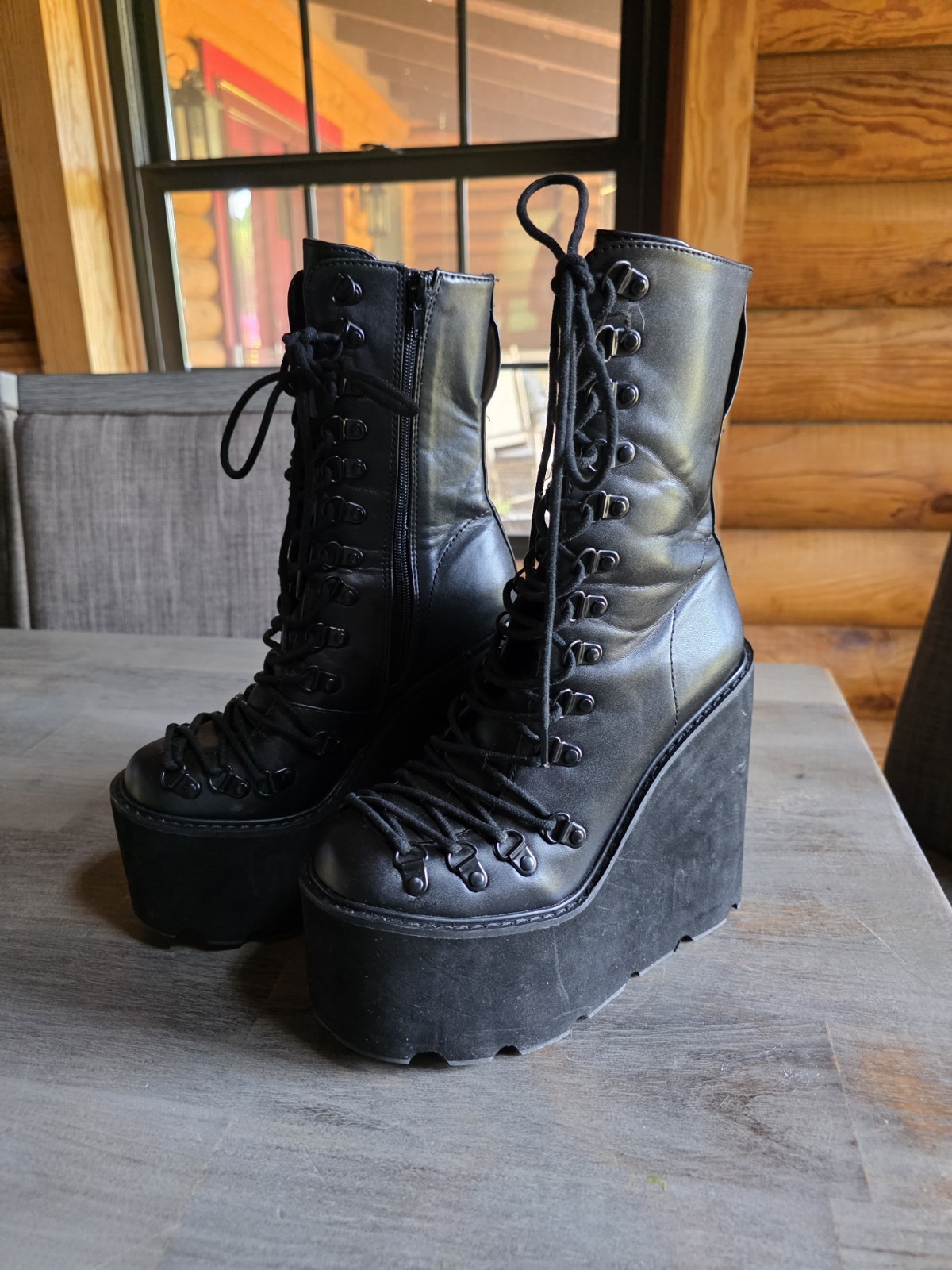 Women Punk High Platform Wedges Heels Gothic Mid Calf Biker Boots Current Mood