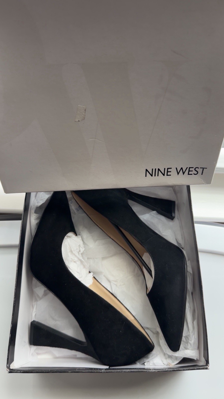 Nine West Women’s Black Pointed Toe Slip-On Pump Block Heel Logo Solid 9M