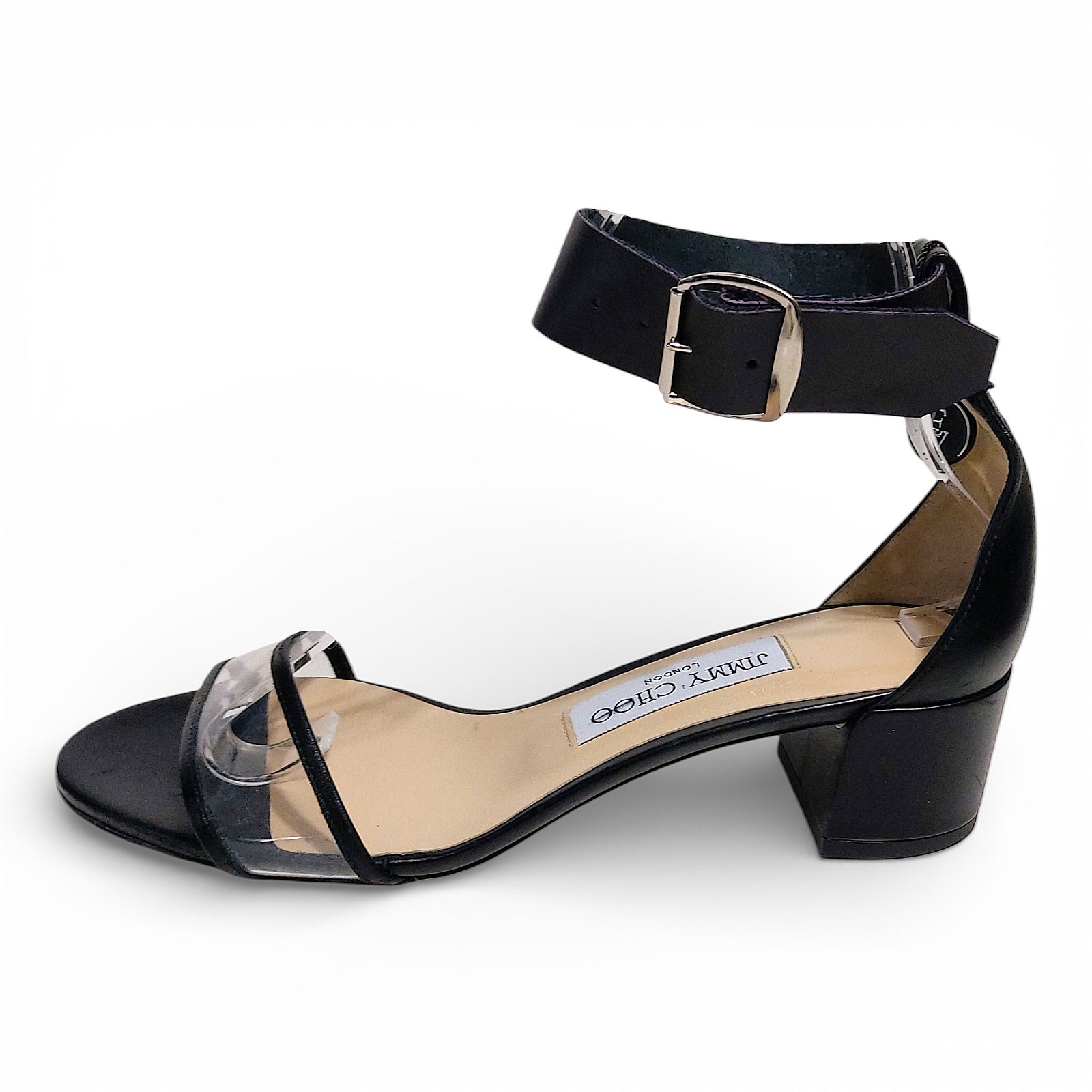 Jimmy Choo Jaimie 40 Black Leather Transparent Strap 36.5 EU 6.5 US Sandals