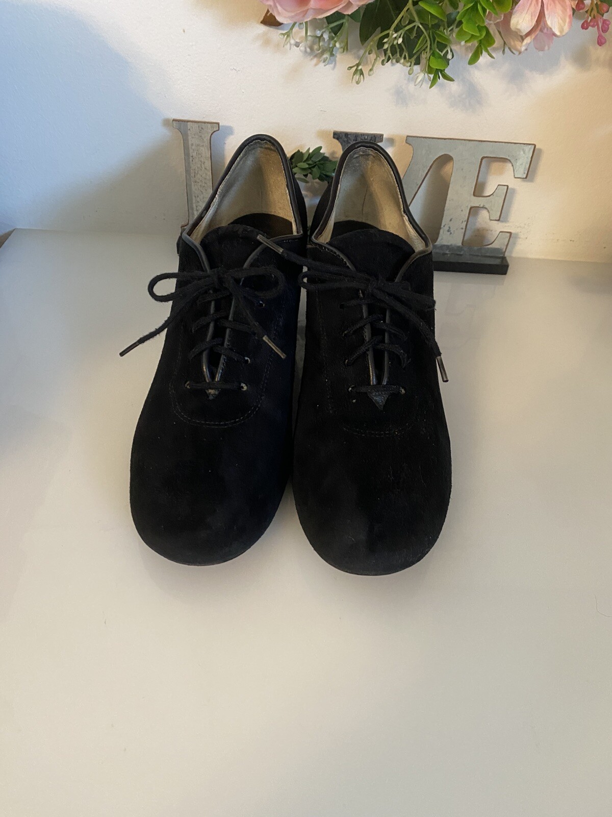 Vintage Celebrity Suede Handmade In USA Black Lace Up Heel Shoes Women Size 7.5