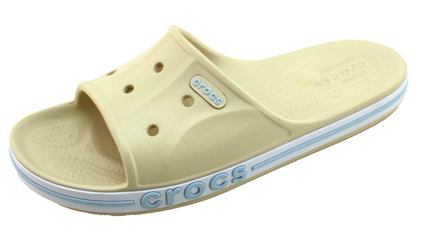 New CROCS Women’s 7 Bayaband Vanilla Cream /Blue Raised Crocs Logo Slide Sandals