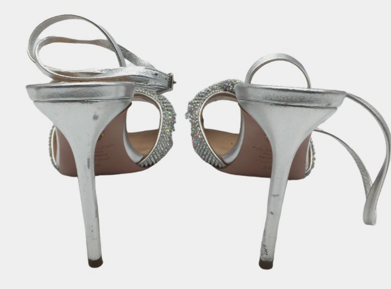 $995 Aquazzura Women Silver Crystal Twist Ankle Strap Sandal Shoe EU 38.5/US 8.5