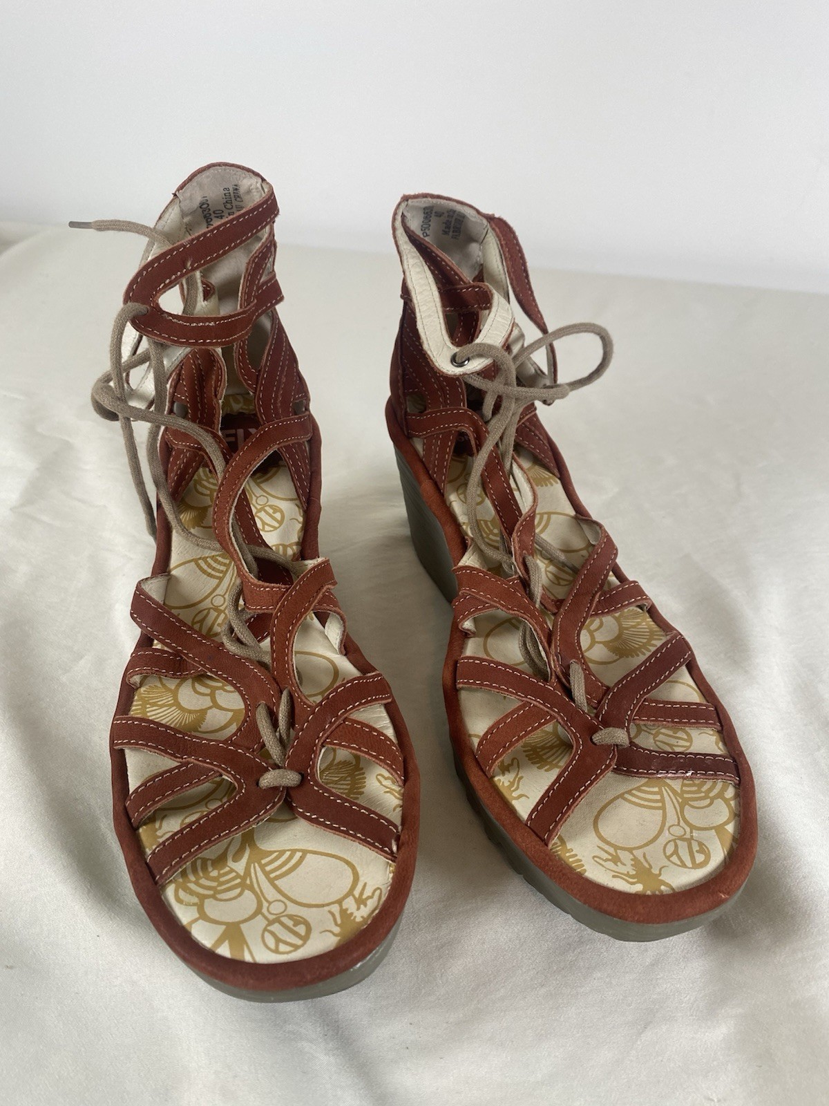 Fly London Brown Leather Lace Up Gladiator Wedge Sandals EU Size 40 US 9 EUC