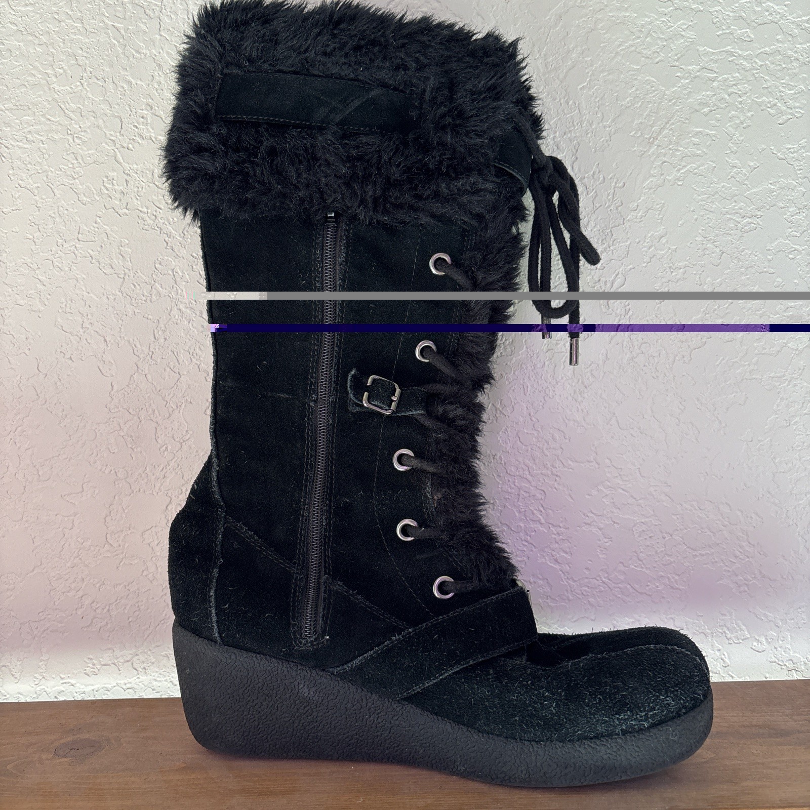 VTG REPORT EXPLORER Chunky 90s Y2K Suede Faux Fur Lace Up Boot Wedges – Sz 8.5