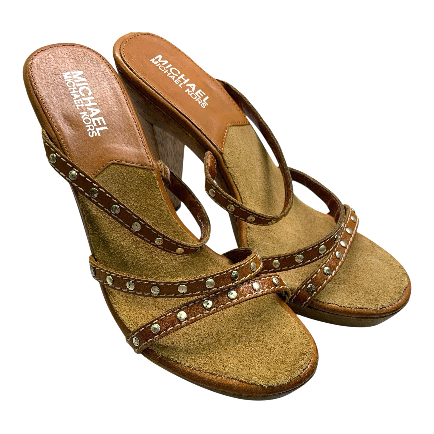 Michael Kors Brown Leather Stappy Sandals w/ Wood Heeled Platform Size 7- Used