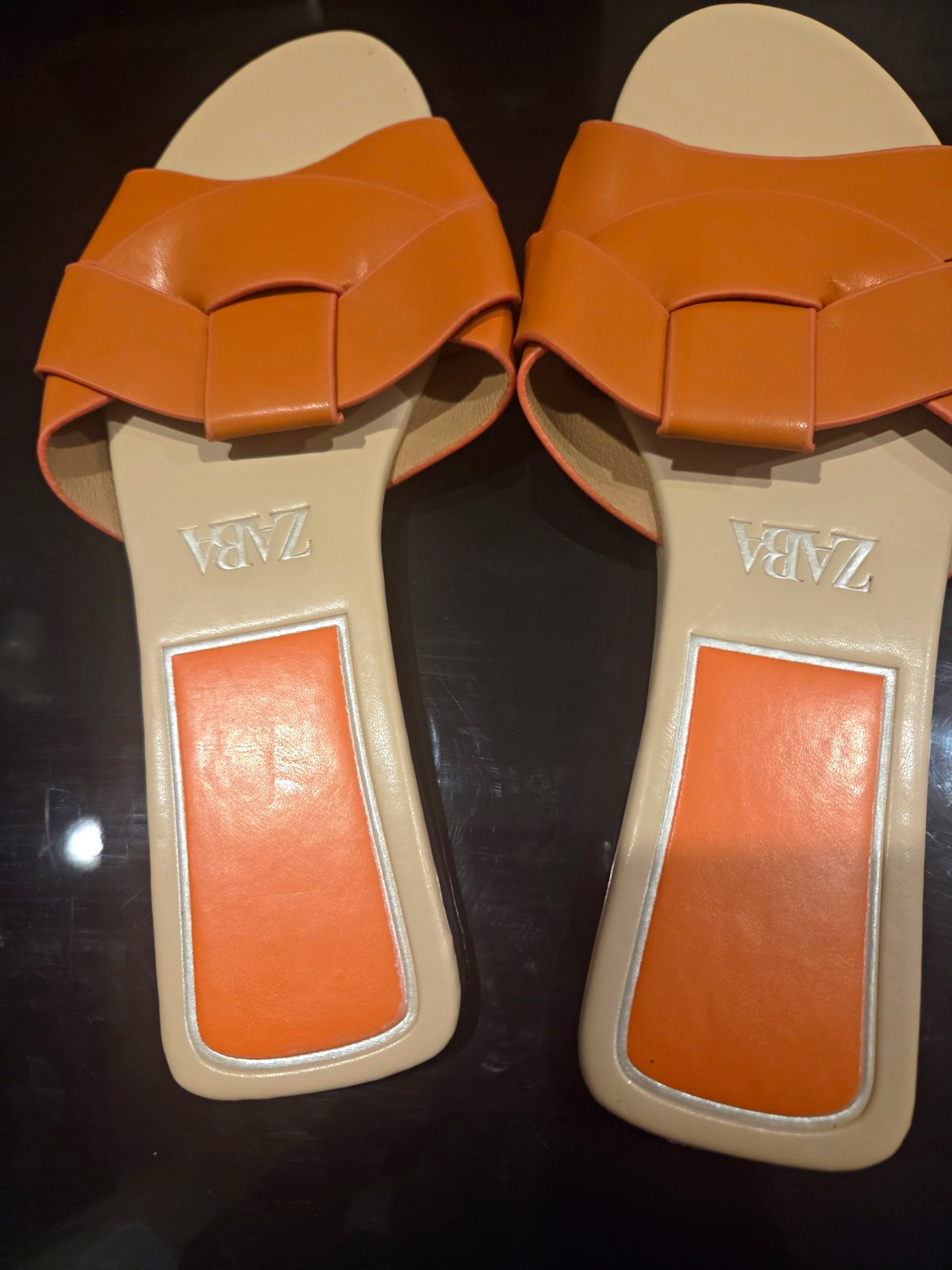 Zara Women’s Orange Beige Leather Slide Sandals Slip-On Flat US 6 EU 36