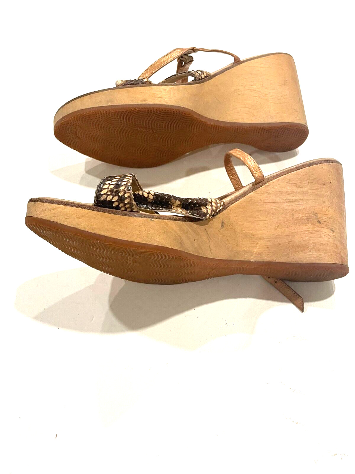 David Aaron brown beige wooden clog heel platform wedge 37 US 6.5 7