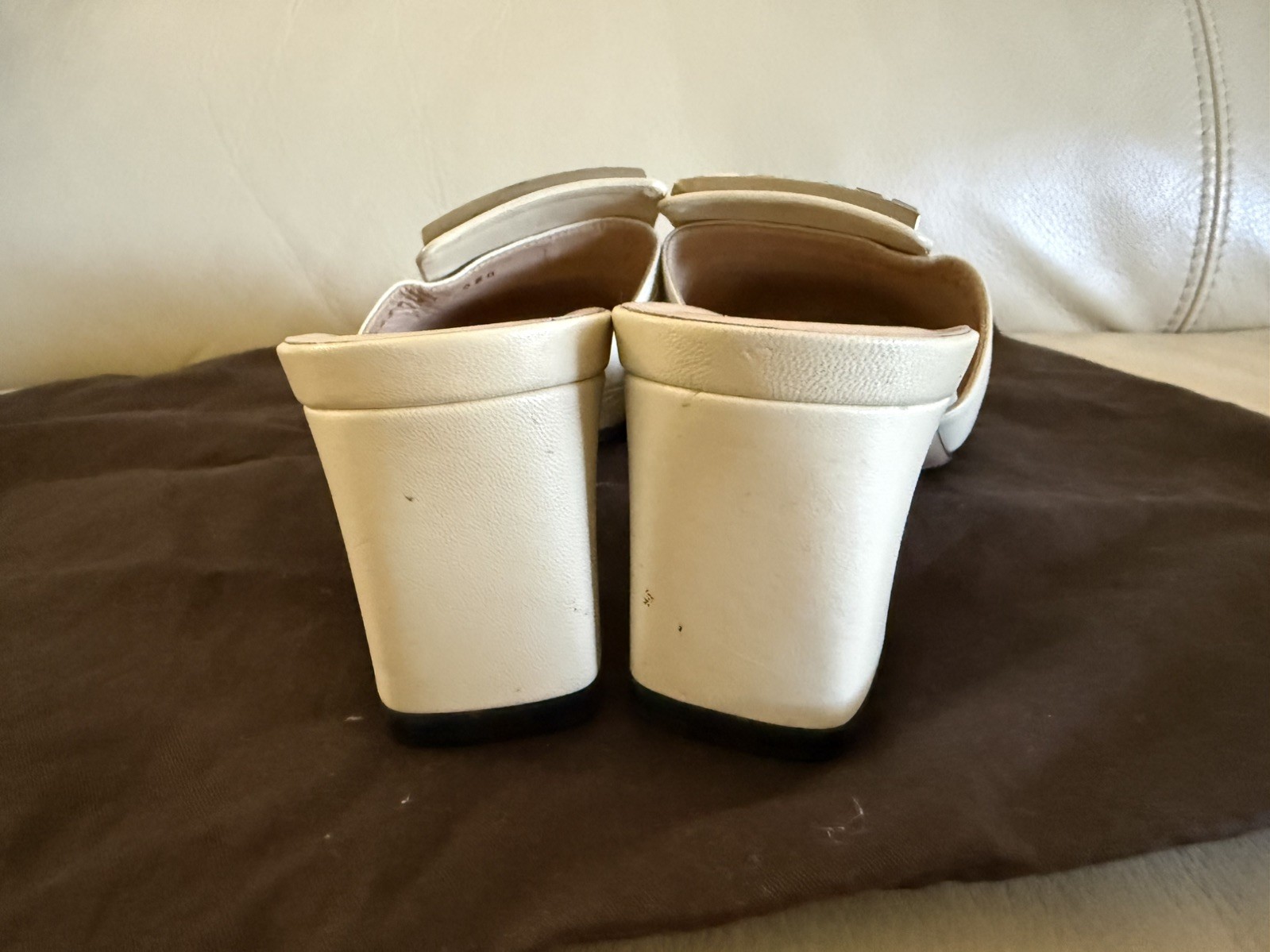 Gucci Madelyn Crystal Square G Logo Ivory Leather Mules Slides Heels Size 37.5