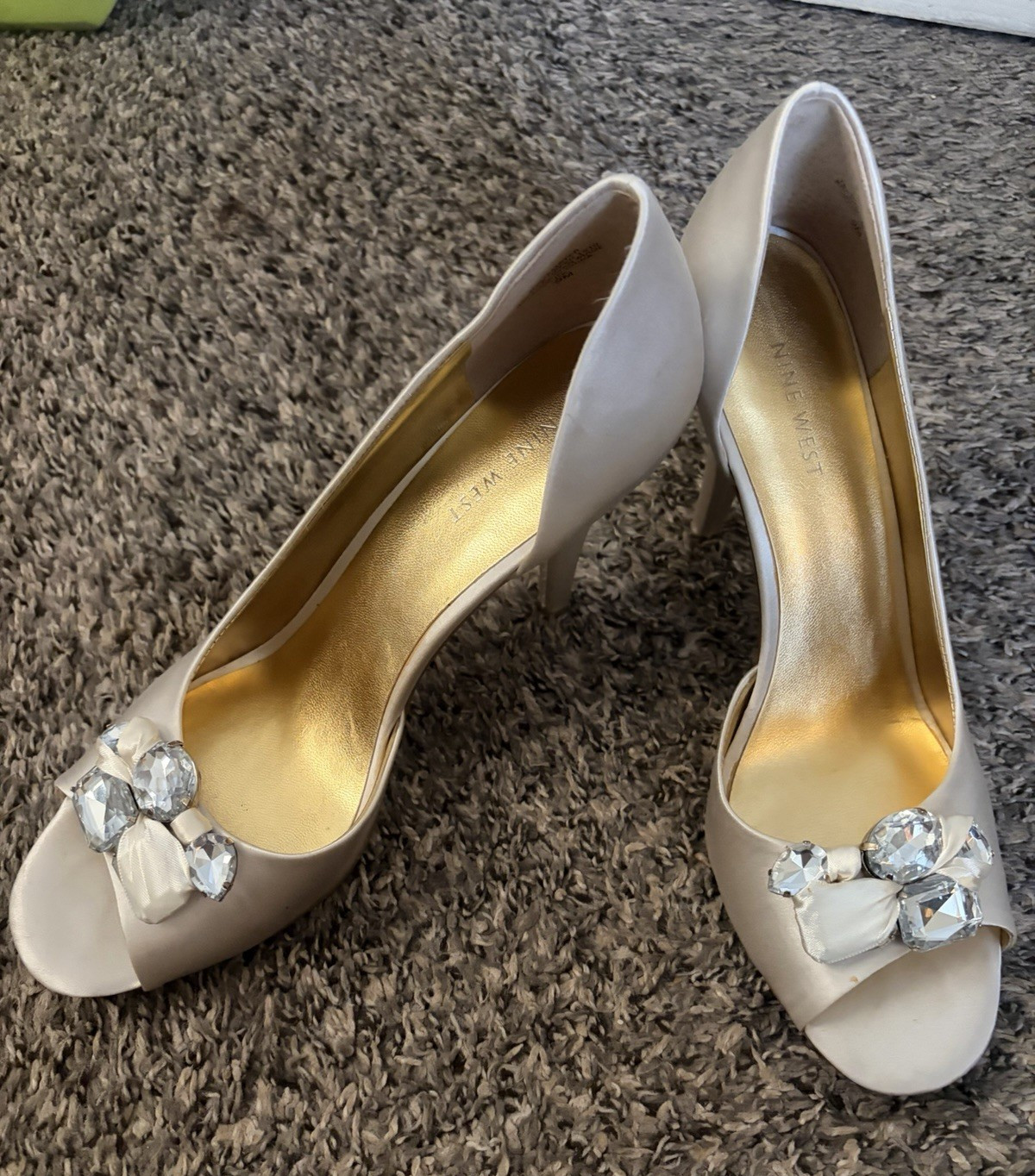 Nine West Women’s Beige Silk Peep Toe Stiletto Pumps Slip-On Rhinestone Bow