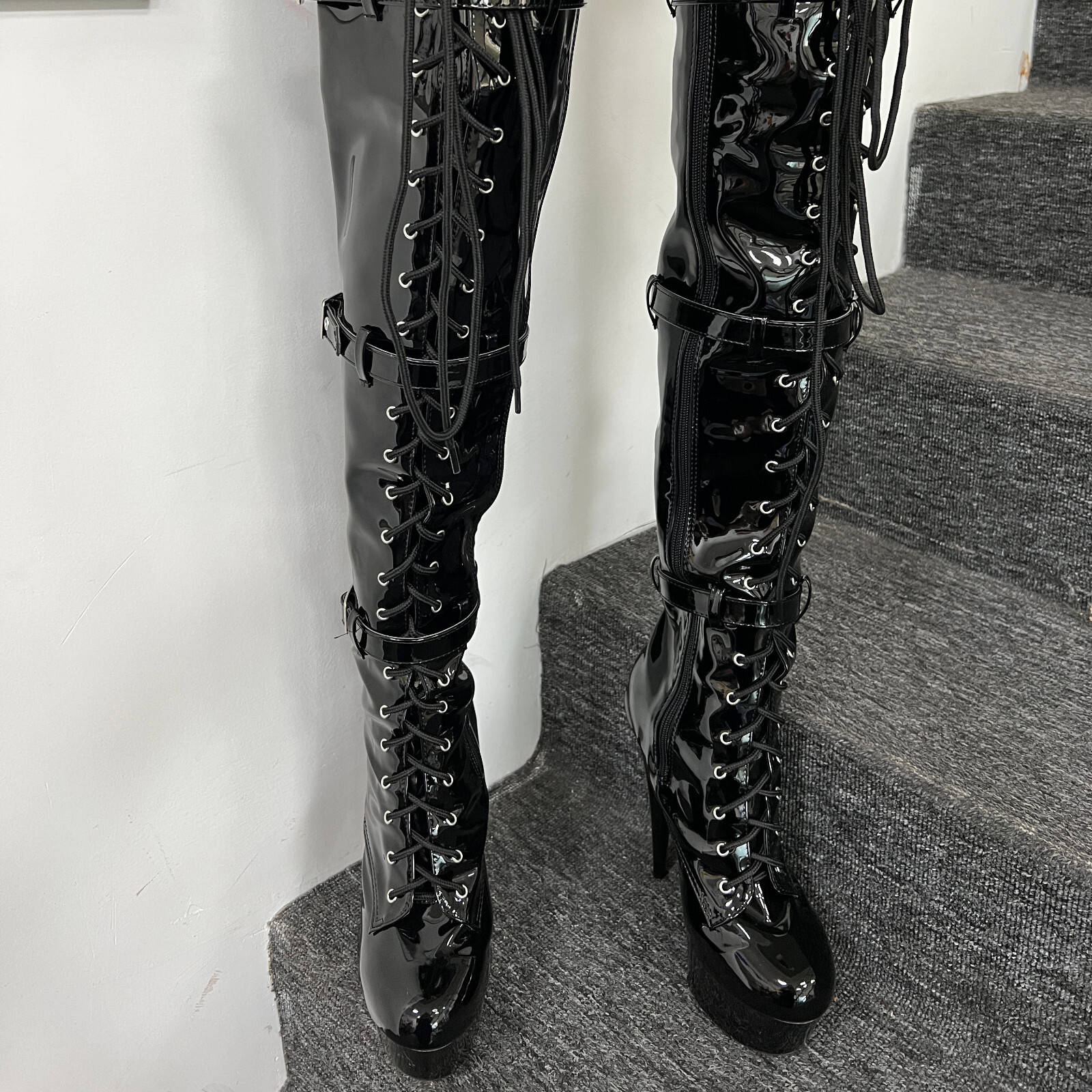 Women’s Patent Leather Thigh High Halloween Boots Zip Sexy Stripper Club Shoes