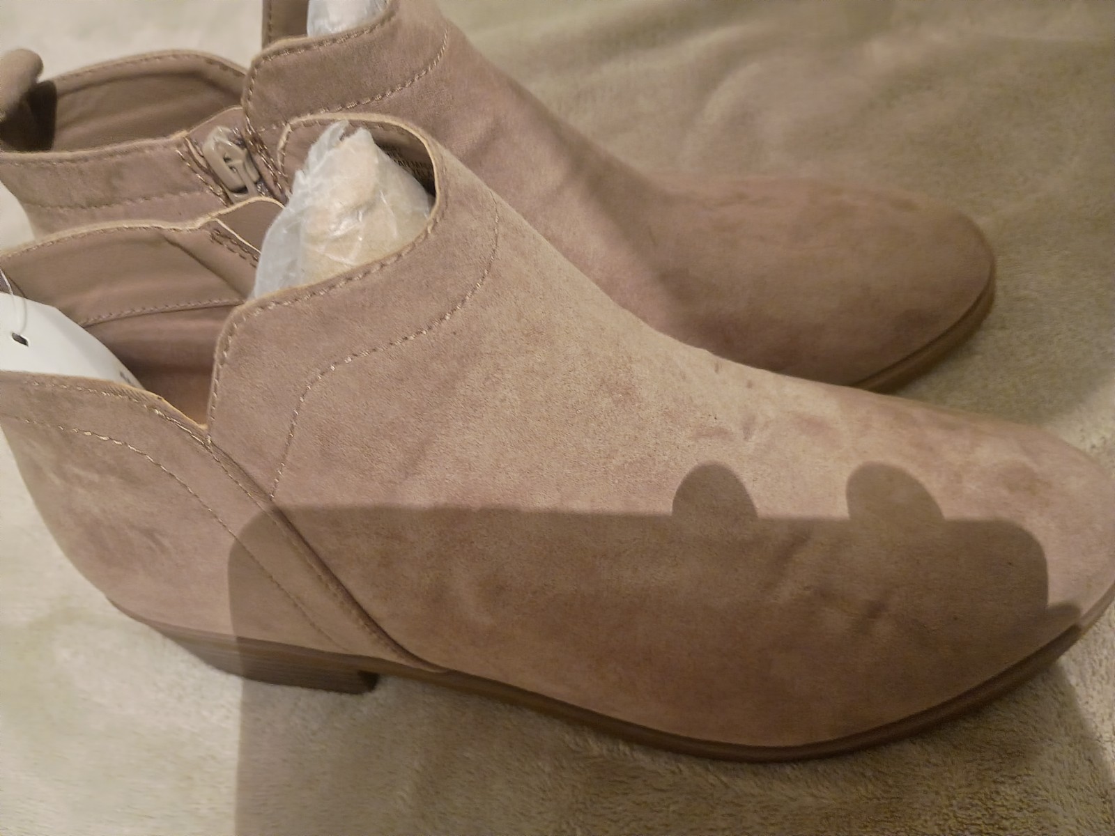 Time and Tru Beige Faux Suede Ankle Bootie with Zipper, Block Heel, Round Toe