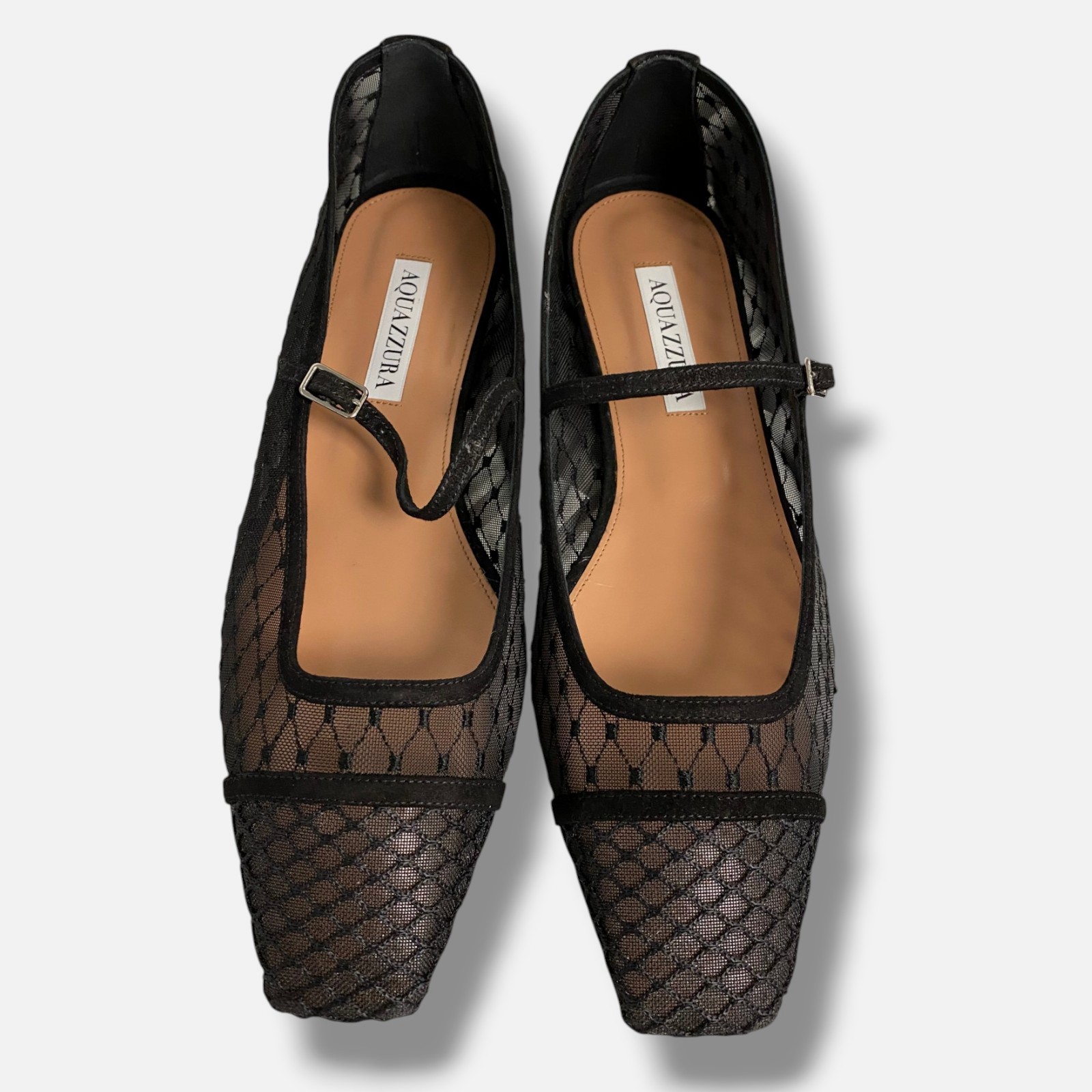 Aquazzura Women’s Black Fishnet Suede Juliette Ballerina Flats Size 38.5