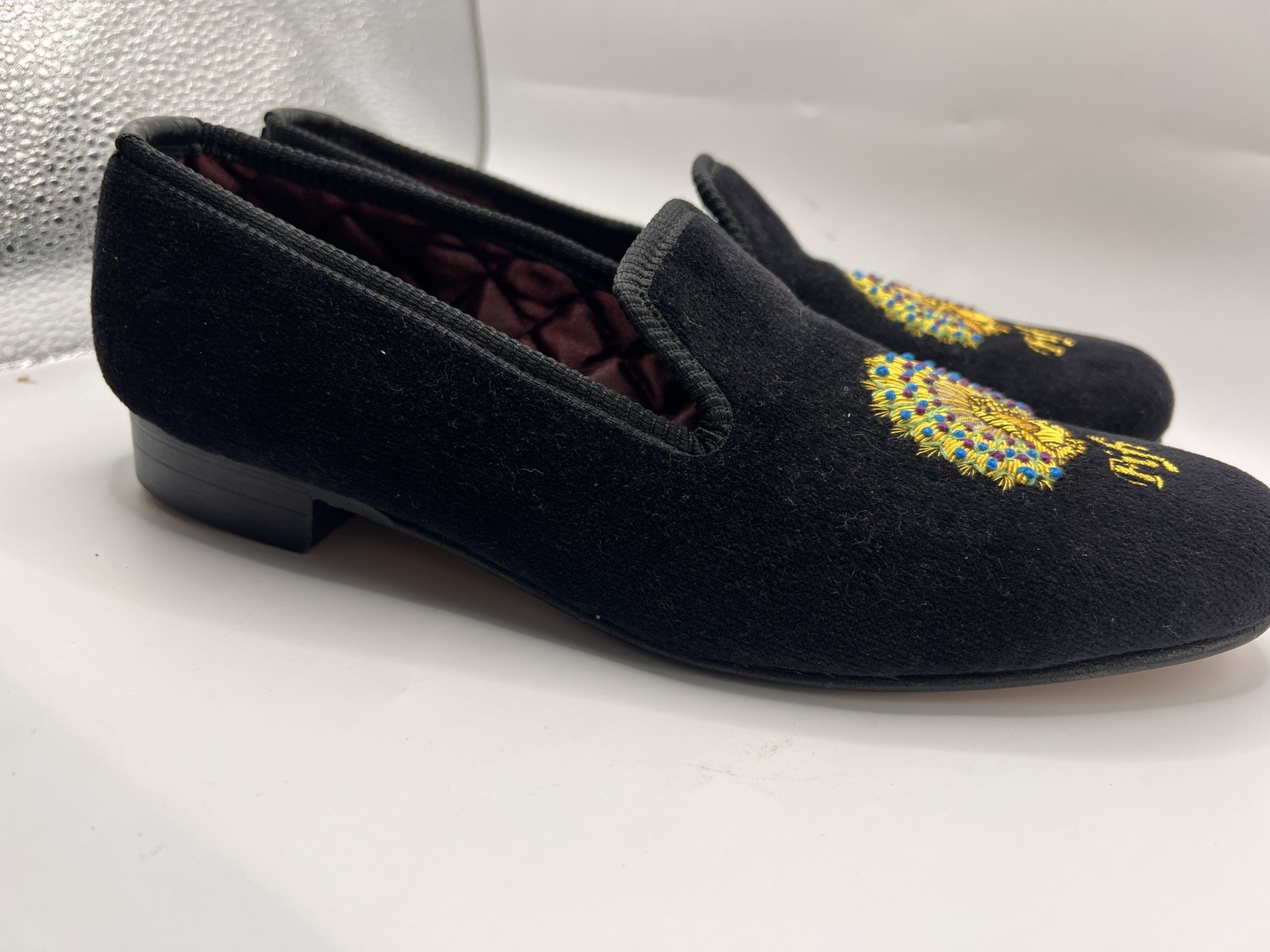 Crockett & Jones Black Embroidery Peacock Velvet Albert Slippers Women Sz 5.5/6