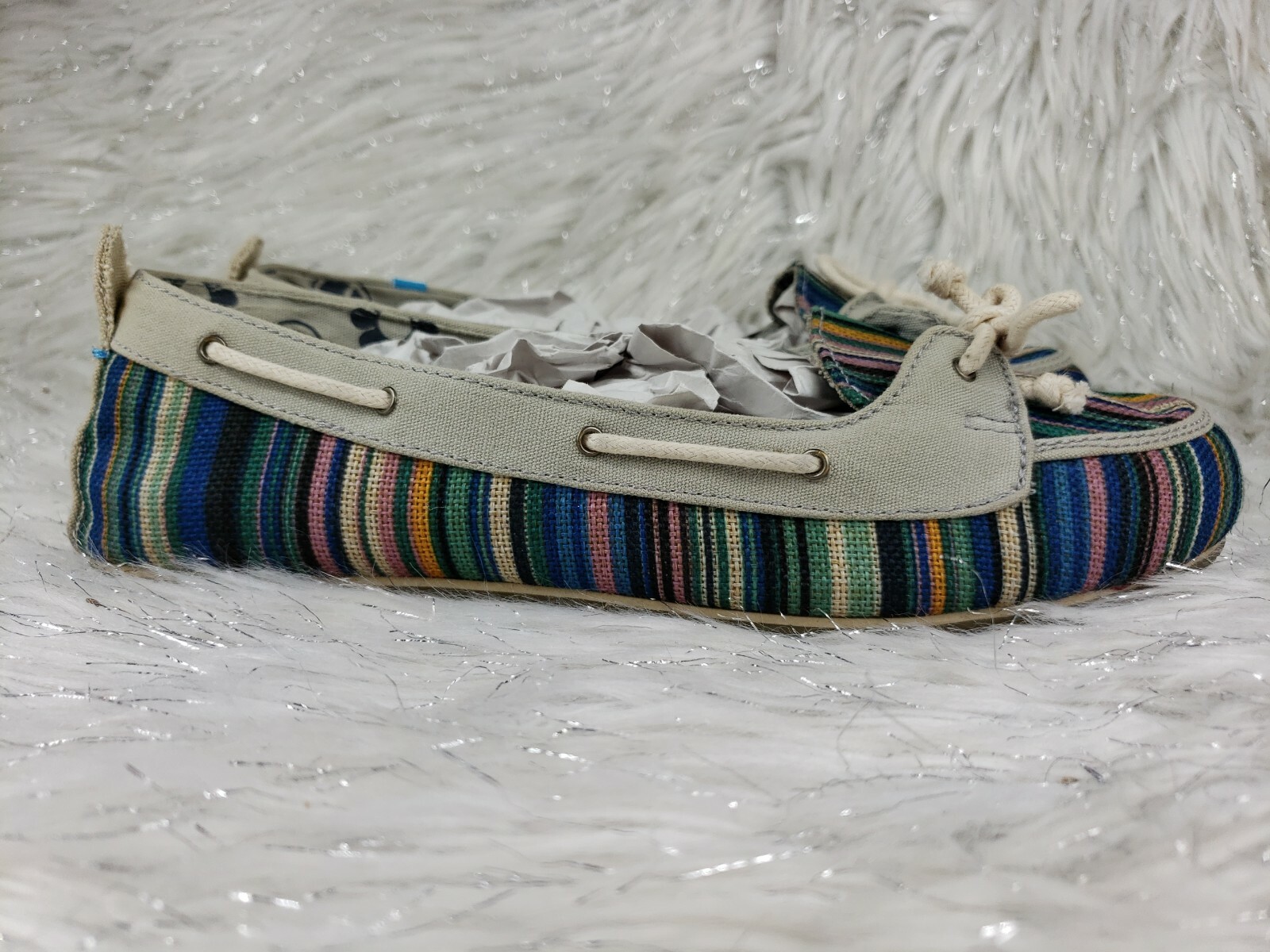 FREE WATERS Striped Womens Sz 9 Beige Multicolor Peace Flowers 640520
