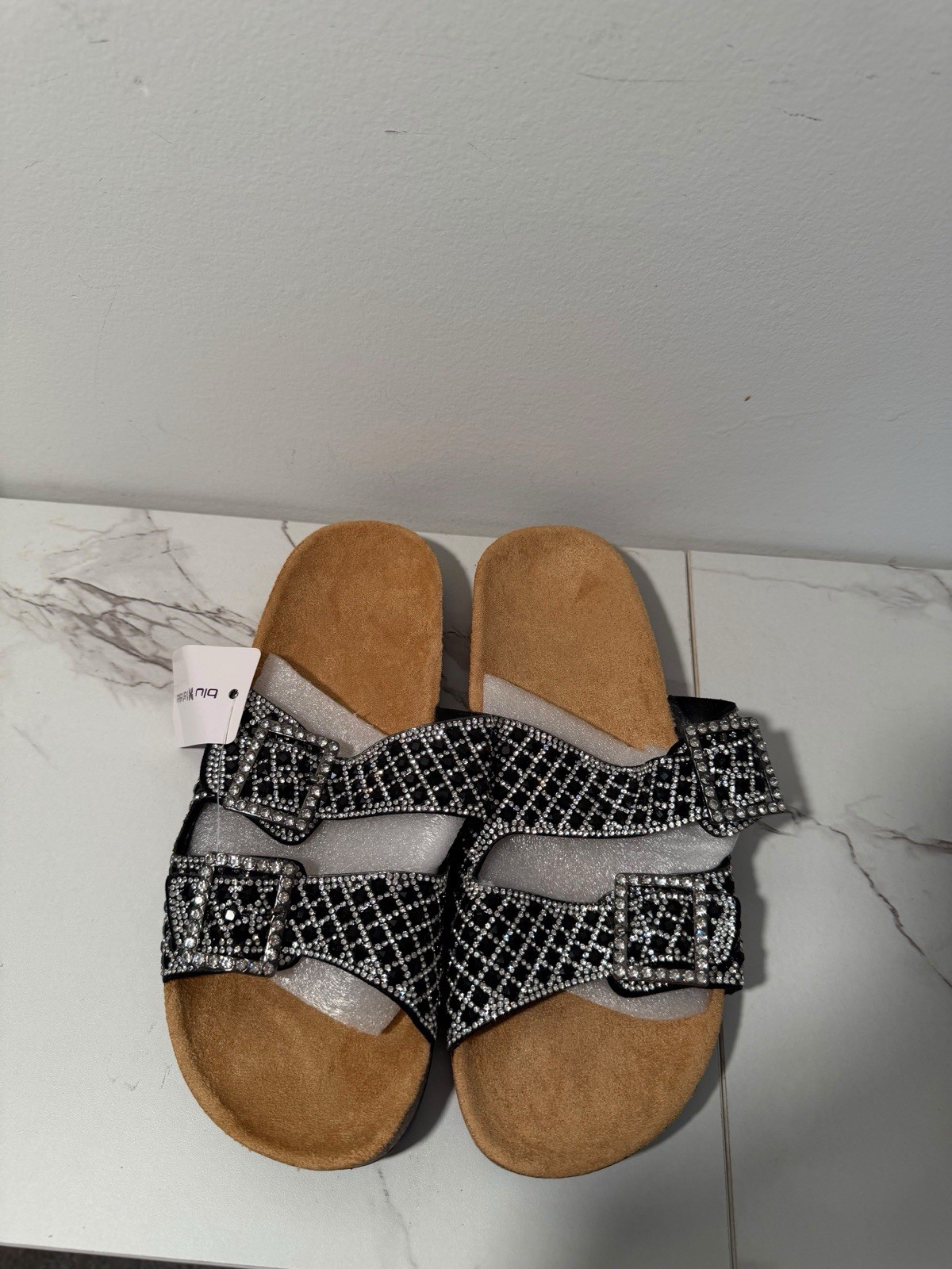 blue Women’s Black/Silver Leather Slide Sandals Slip-On Buckle Rhinestone US9
