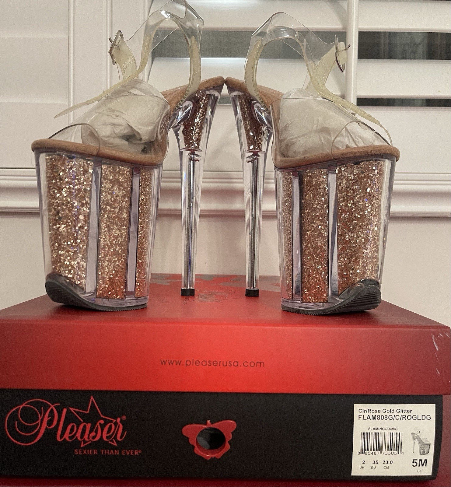 Pleaser Clear/Rose Gold Glitter Platform Ankle Strap Buckle Stiletto Heel 5