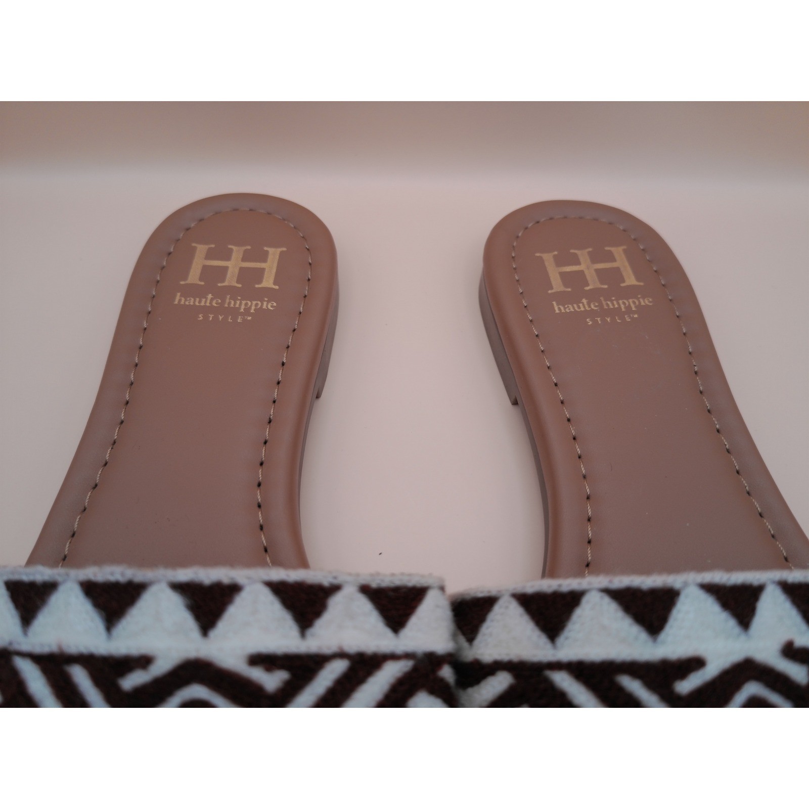 Haute Hippie Geometric Woven Embroidered Slides Brown Ivory Boho Flat Sandals 8