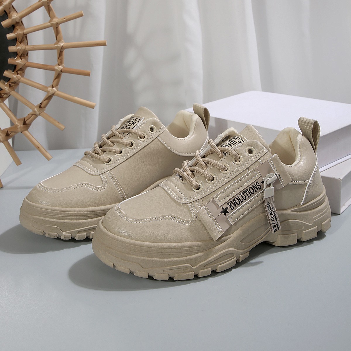 Lace-up Sports Shoes With Side-Zipper Design Fashion Thick-soled Round-toe Casua