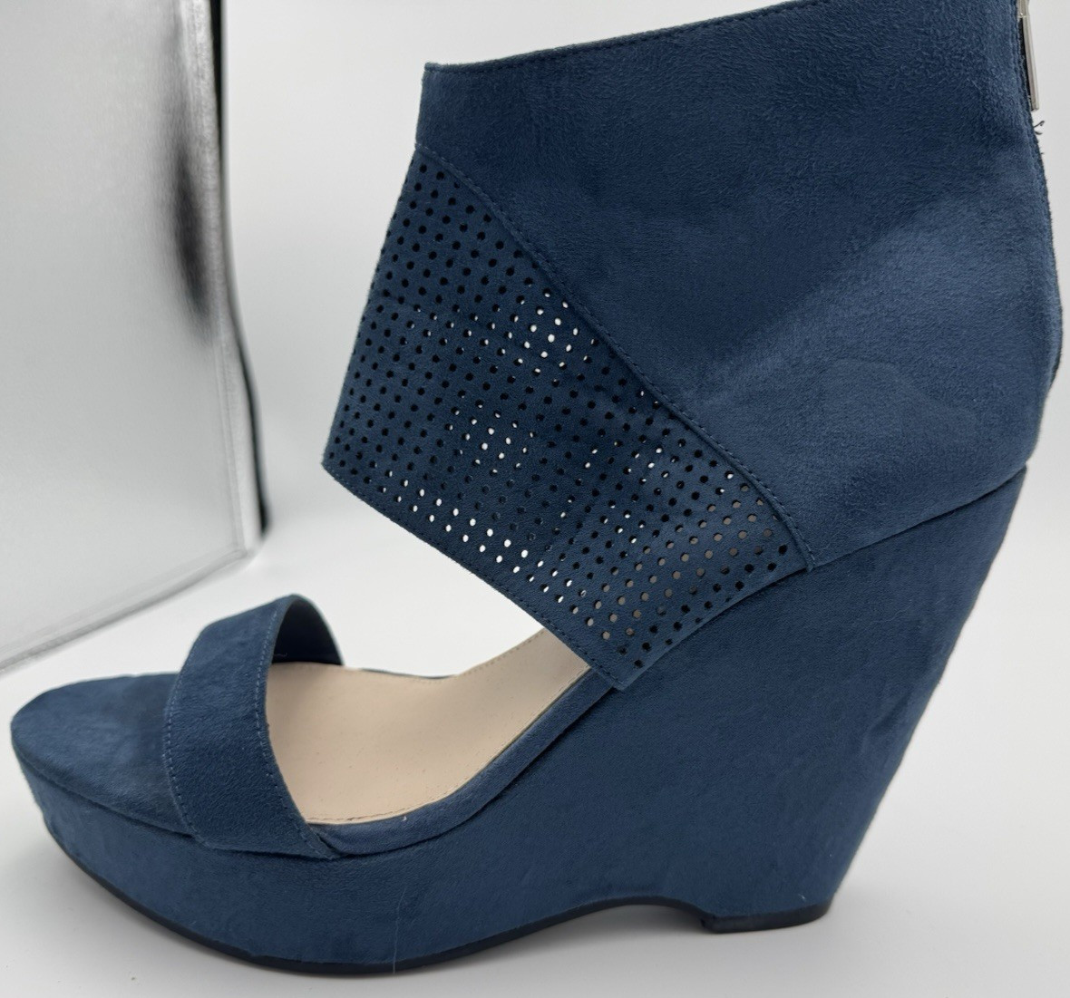 Bar III Siren Platform Ankle Zipper Cuff Wedge Blue Wing Teal Suede Shoes 10M
