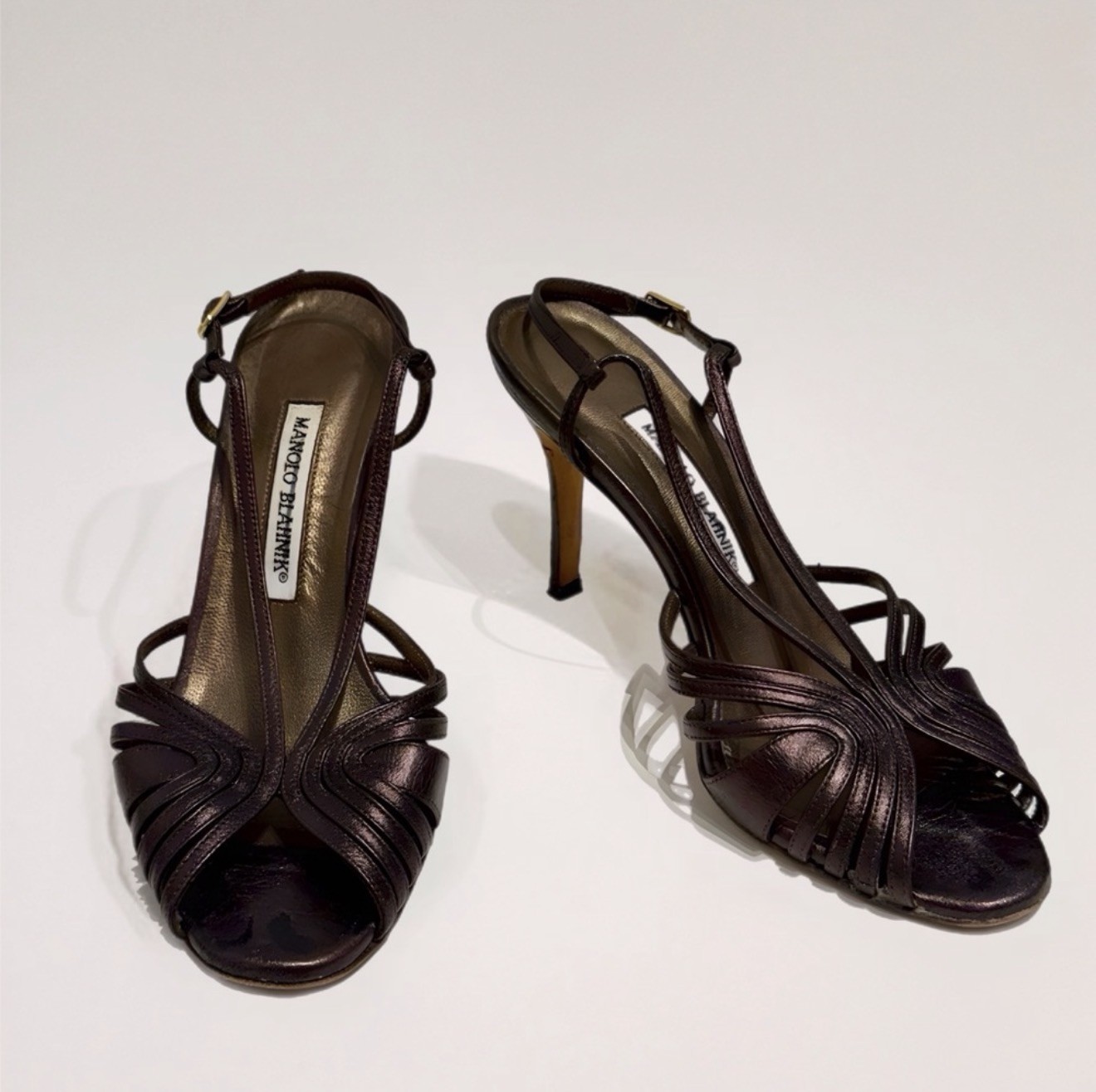 Manolo Blahnik Vintage Metallic Gunmetal Leather Strappy Slingback Heels 37.5