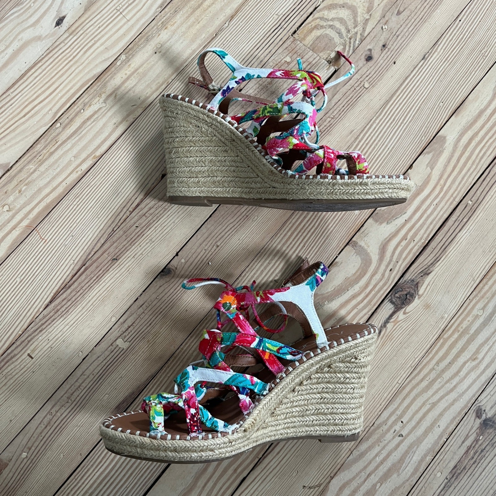Sugar Womens Floral Espadrille Wedge Sandals Multi Color Strappy LaceUp Size 7.5