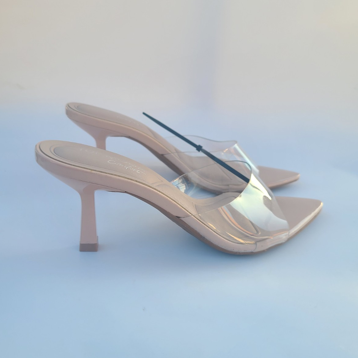 TOP MODA Beige Clear Strap Pointed Toe Stiletto Mule Heels Women’s Size 5