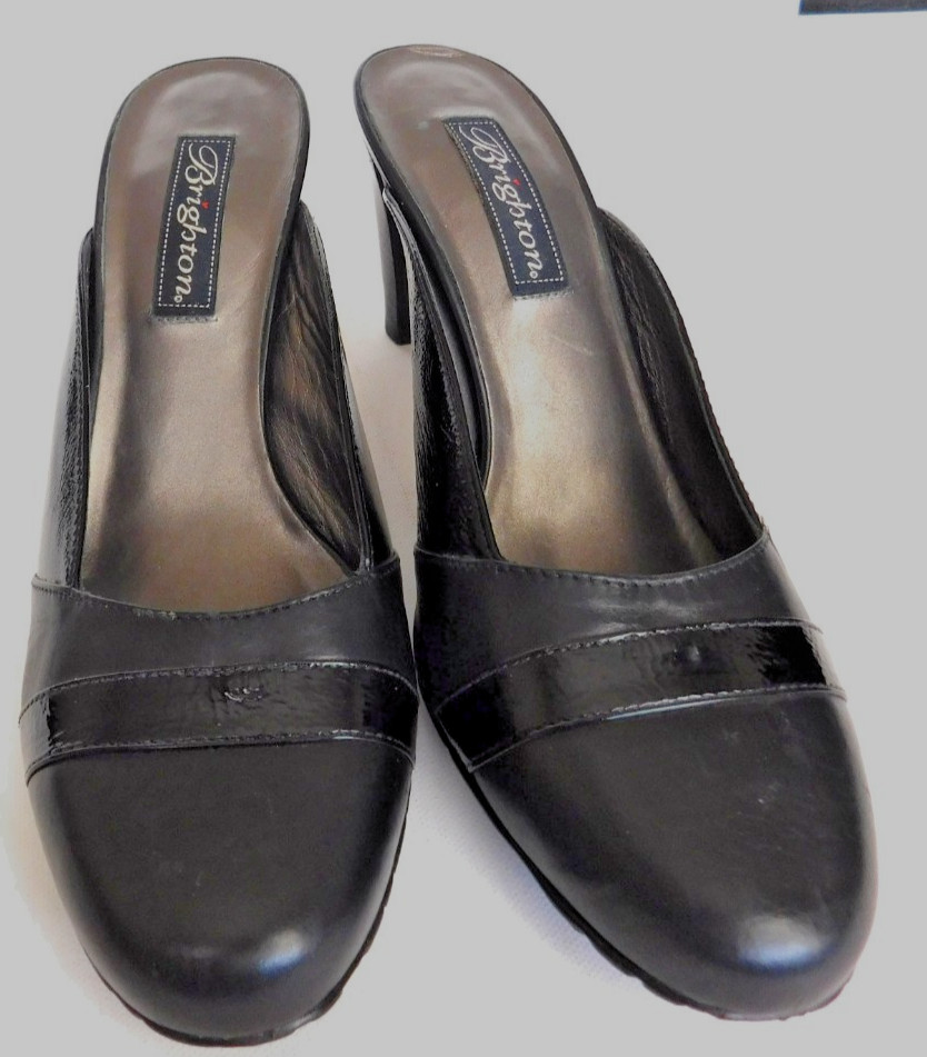 Brighton Size 8.5 Black Fanny Leather Mules Slip Ons Woven Heart Cut-Outs Shoes