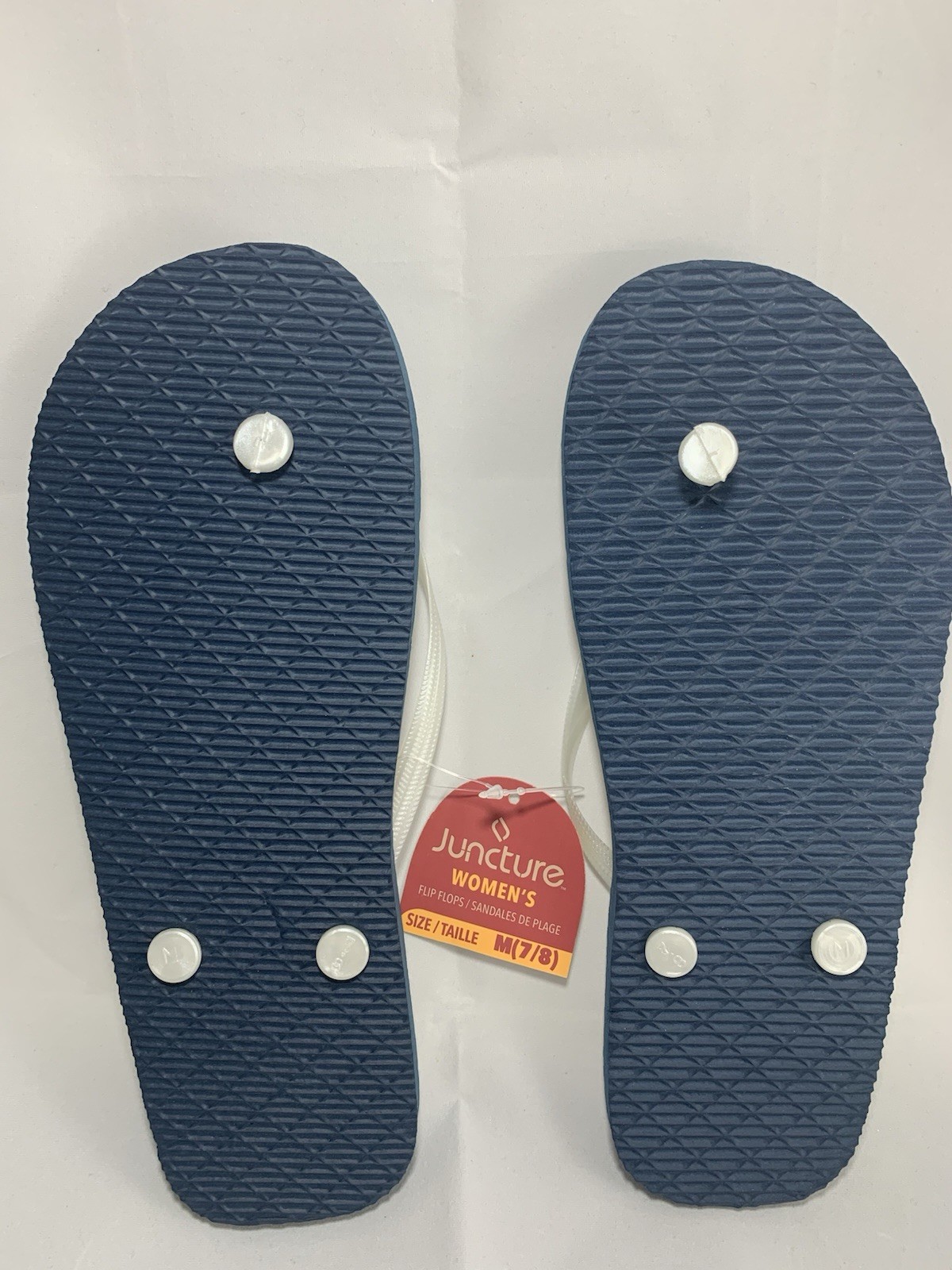Juncture Women’s Flip Flops; Size Medium (7/8 ) Background color is dark blue.
