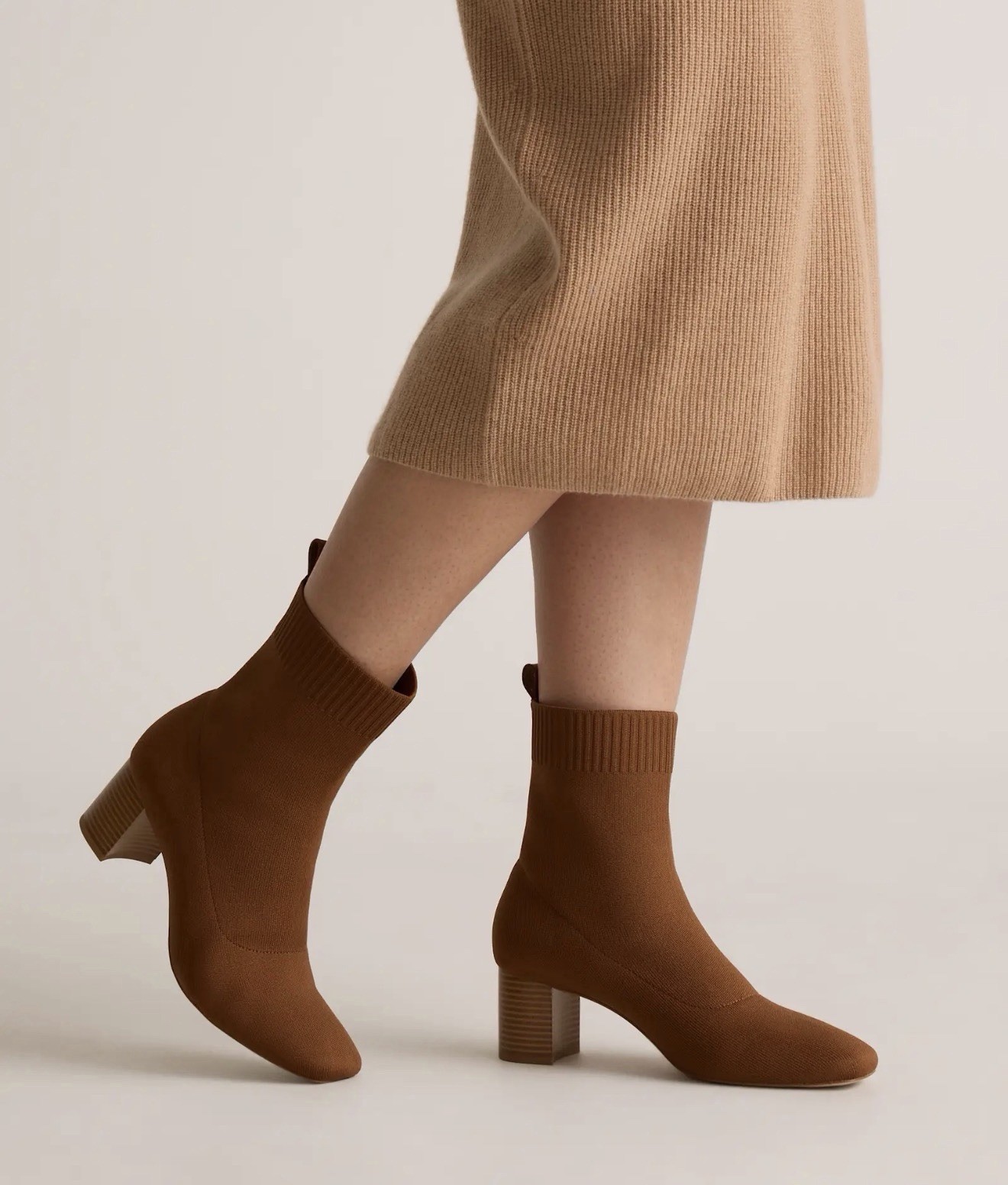 Quince Eco Knit Heeled Bootie Mid-Calf Cognac Tan Block Heel Slip-on Sock Bootie