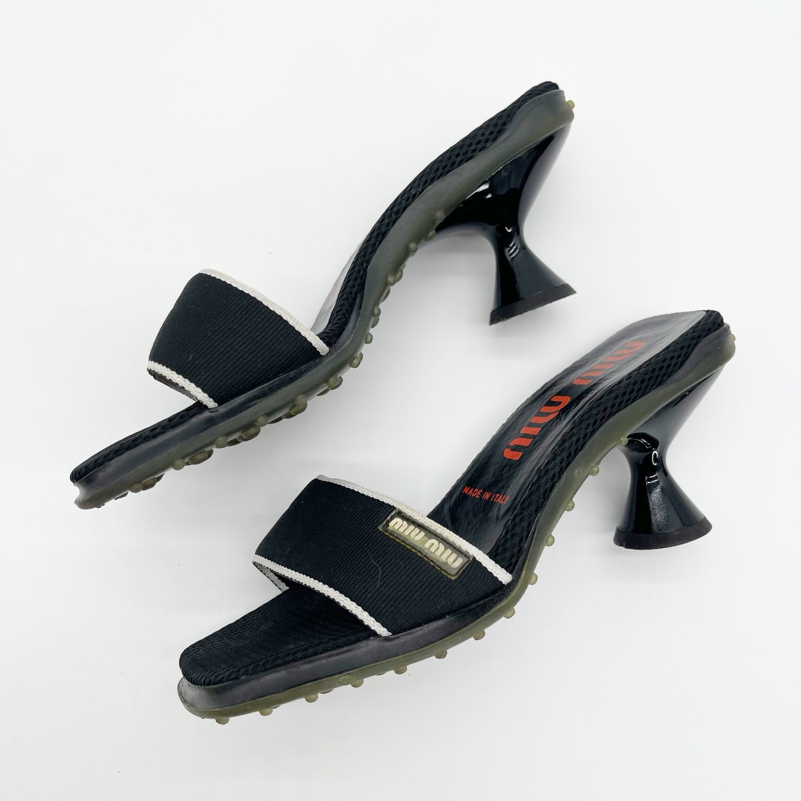 Miu Miu 90s y2k Black Mesh Logo Bubble Sole Kitten Heel Mules Slides IT 36.5
